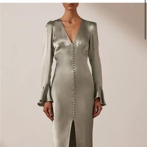 Shona Joy LA LUNE FRILL CUFF BIAS bridesmaid MIDI DRESS - SAGE